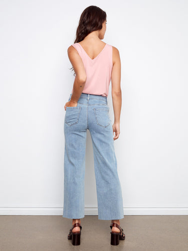 Jean à jambe large avec broderie florale - Bleu Pâle