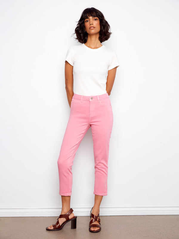 Cuffed Cropped Slim Leg Twill Pants - Candy