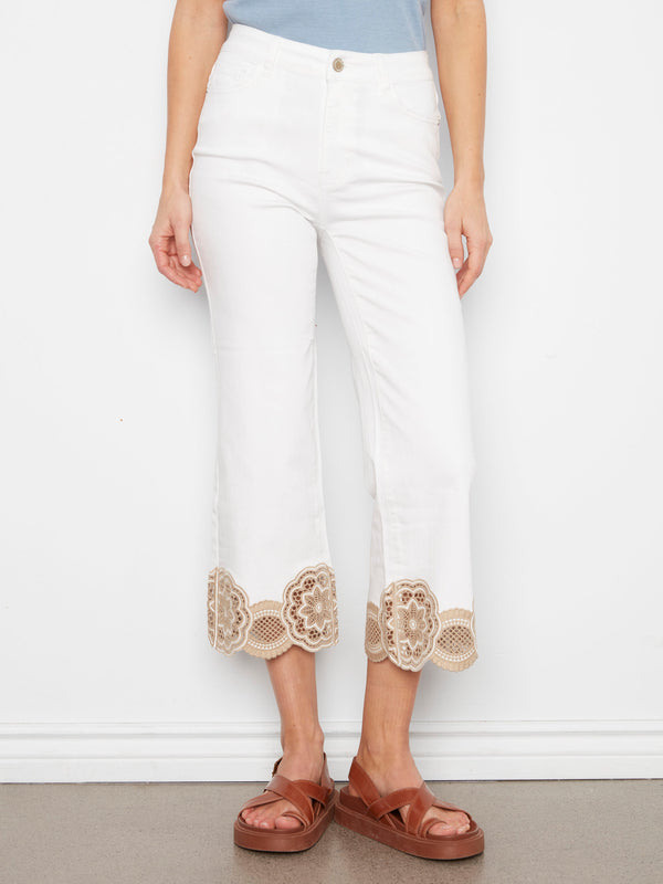 Cropped Flare Twill Jeans With Lace Hem - White