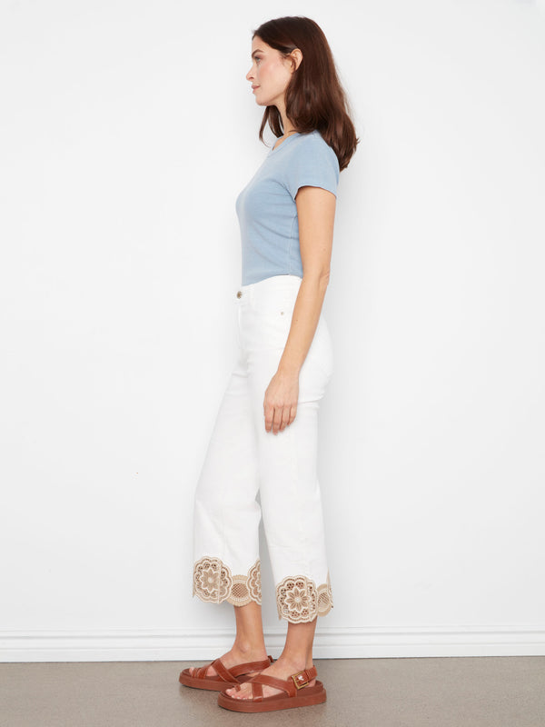Cropped Flare Twill Jeans With Lace Hem - White