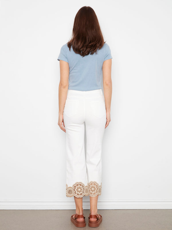 Cropped Flare Twill Jeans With Lace Hem - White