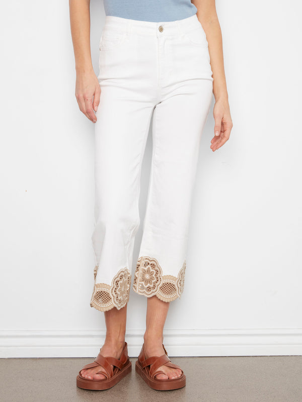 Cropped Flare Twill Jeans With Lace Hem - White
