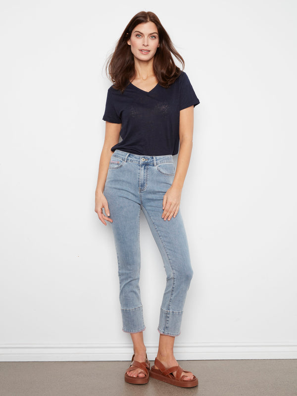 Slim Leg Jeans With Blanket Stitch Hem - Light Blue