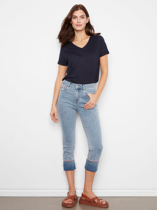 Slim Leg Jeans With Blanket Stitch Hem - Light Blue
