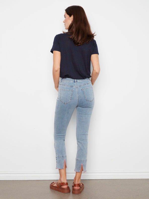 Slim Leg Jeans With Blanket Stitch Hem - Light Blue