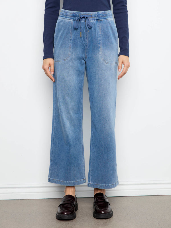 Cropped Knit Denim Wide Leg Jogger Pants - Medium Blue
