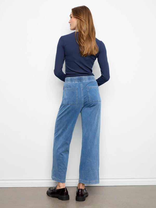 Cropped Knit Denim Wide Leg Jogger Pants - Medium Blue