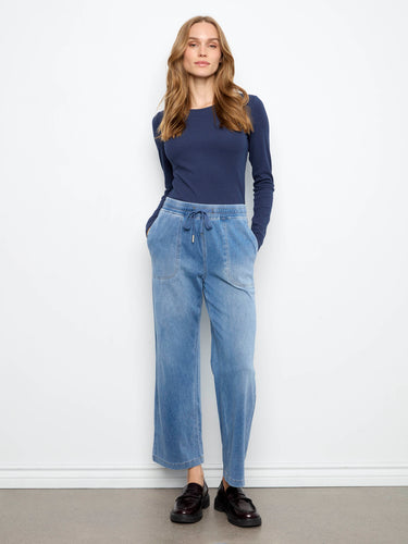 Wide leg design in soft knit denim makes these jogger pants stylishly comfortable for any casual occasion by Charlie B.