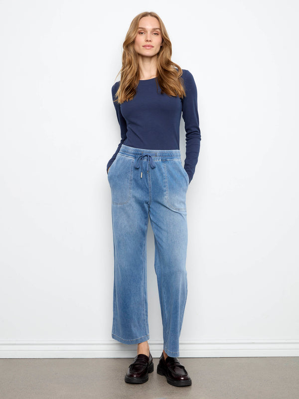 Cropped Knit Denim Wide Leg Jogger Pants - Medium Blue