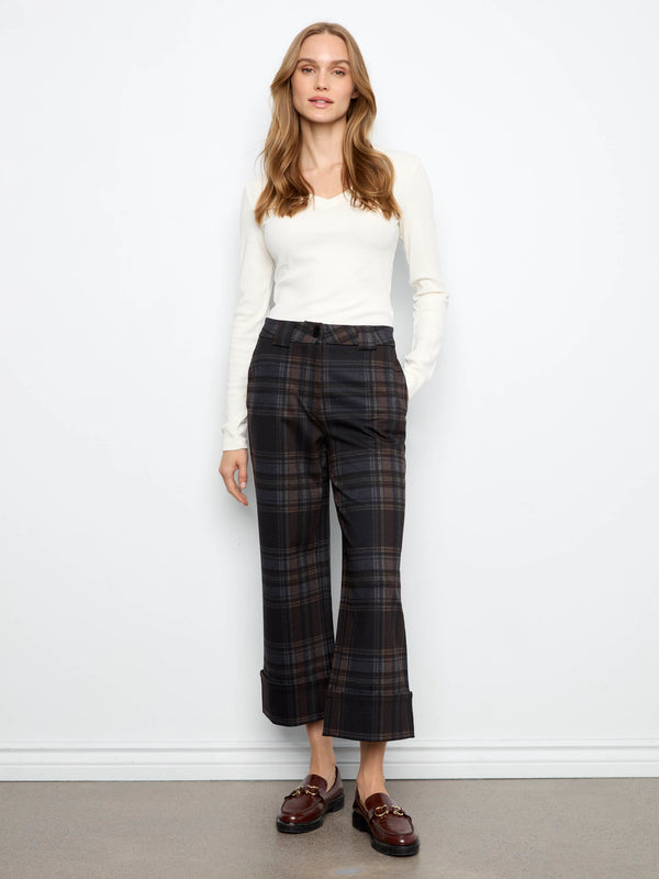 Pantalon à carreaux en ponte à jambe large écourtée avec revers - Chocolat