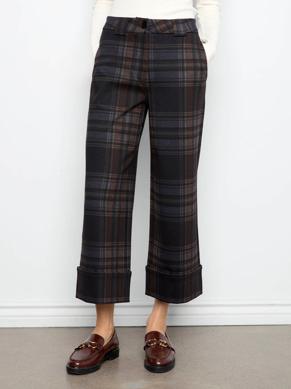 Pantalon à carreaux en ponte à jambe large écourtée avec revers - Chocolat