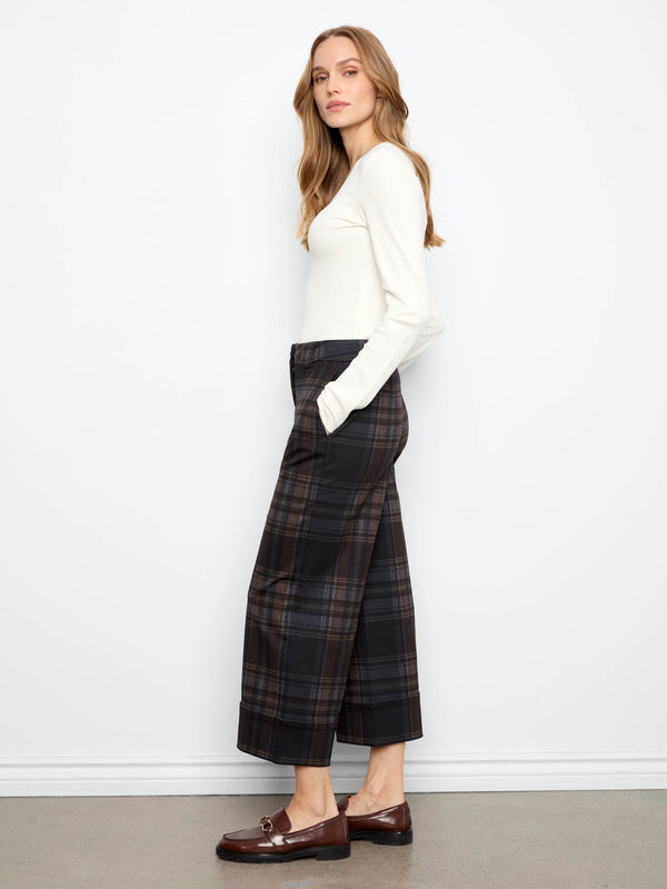 Pantalon à carreaux en ponte à jambe large écourtée avec revers - Chocolat