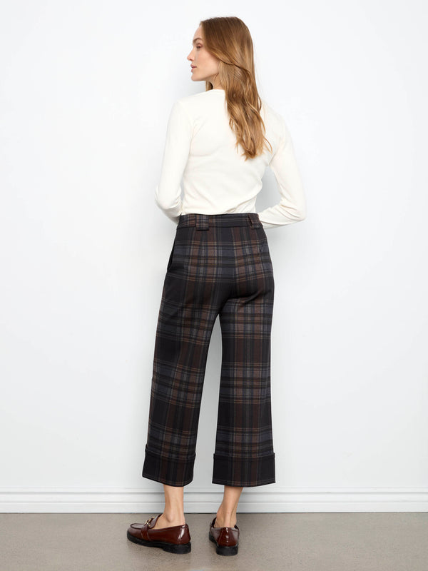 Pantalon à carreaux en ponte à jambe large écourtée avec revers - Chocolat