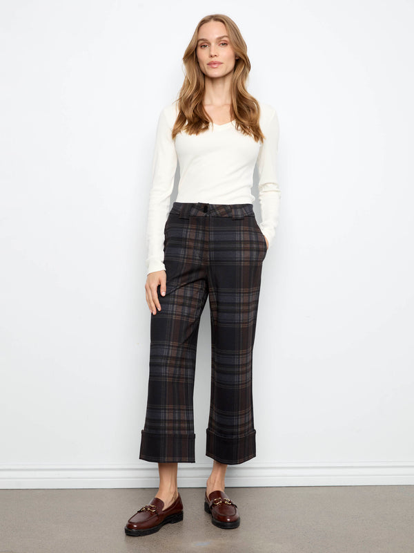Pantalon à carreaux en ponte à jambe large écourtée avec revers - Chocolat