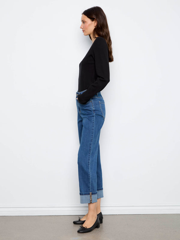 Cuffed Straight Leg Jeans With Leopard Trim - Washed Indigo