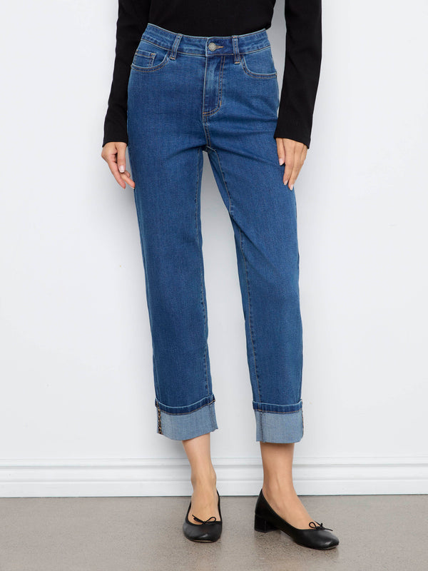 Cuffed Straight Leg Jeans With Leopard Trim - Washed Indigo
