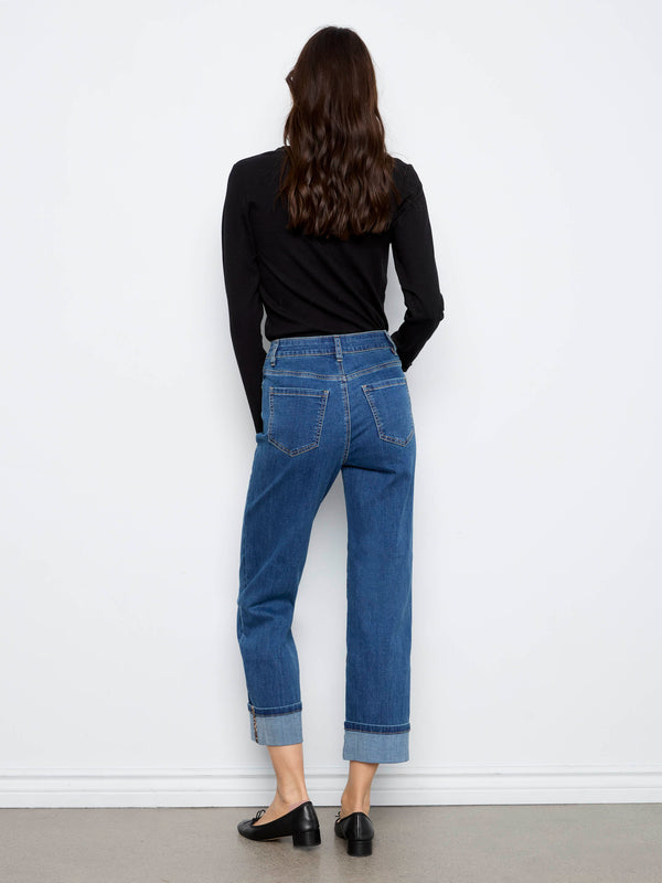 Cuffed Straight Leg Jeans With Leopard Trim - Washed Indigo