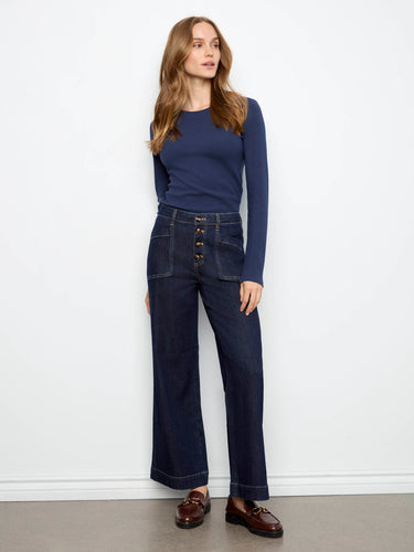 Crafted in stretch denim, these regular rise jeans feature wide legs and practical patch pockets for added style by Charlie B.