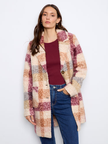 Ecru plaid boucle knit coat featuring button closure and longline silhouette, perfect for chic layering by Charlie B.