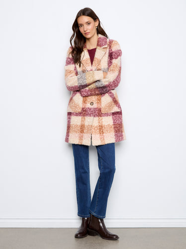 Cherry plaid boucle knit coat with tailored collar and button closure, adding a stylish touch to any outfit by Charlie B.