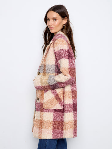 Taupe plaid boucle knit coat designed with a tailored collar and longline silhouette for elegant style by Charlie B.