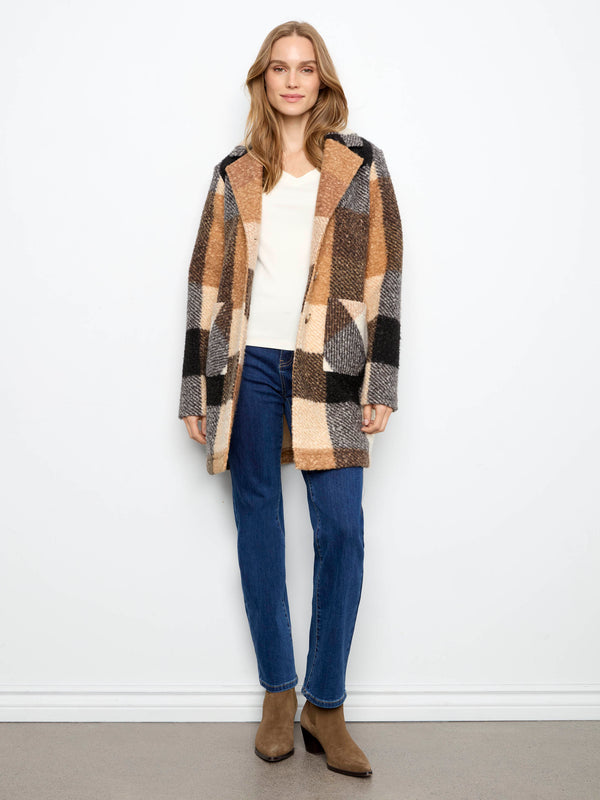 Manteau en tricot bouclé à carreaux - Taupe