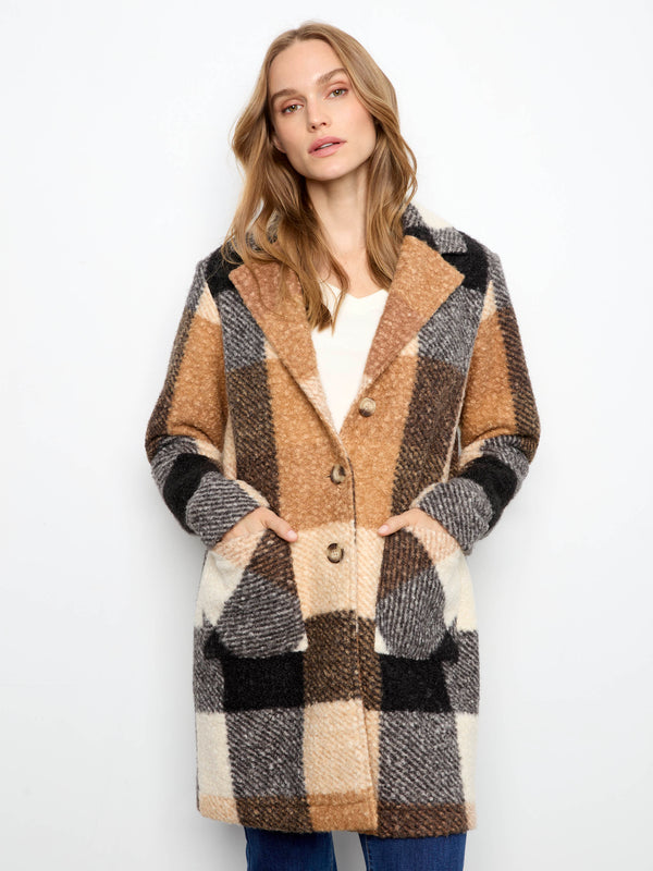 Manteau en tricot bouclé à carreaux - Taupe