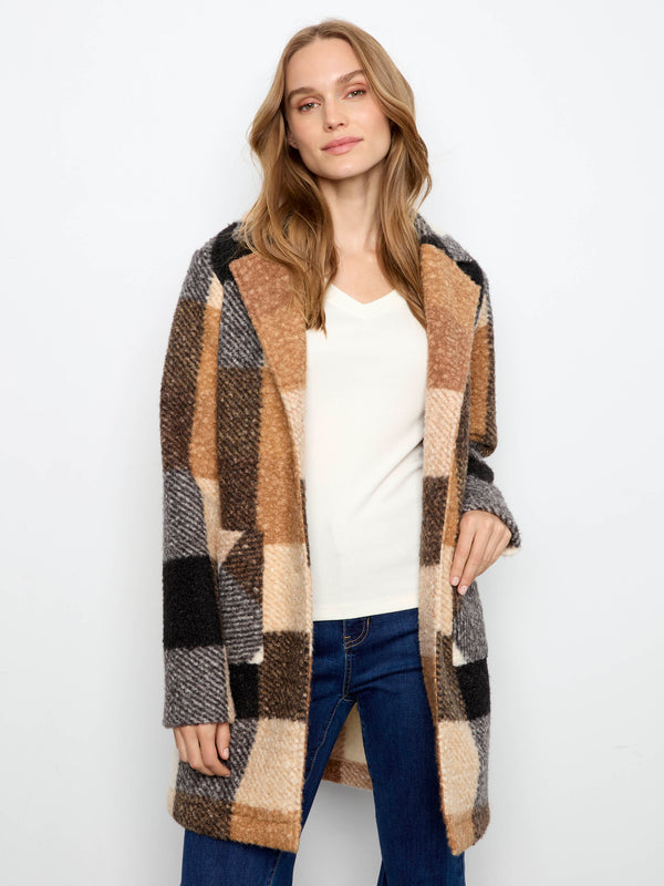 Manteau en tricot bouclé à carreaux - Taupe