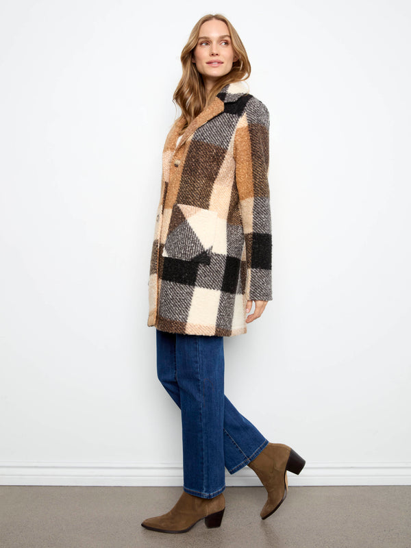 Manteau en tricot bouclé à carreaux - Taupe