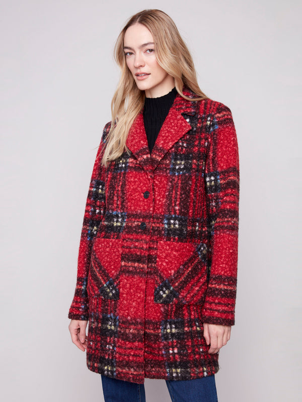 Plaid Bouclé Knit Coat - Cranberry