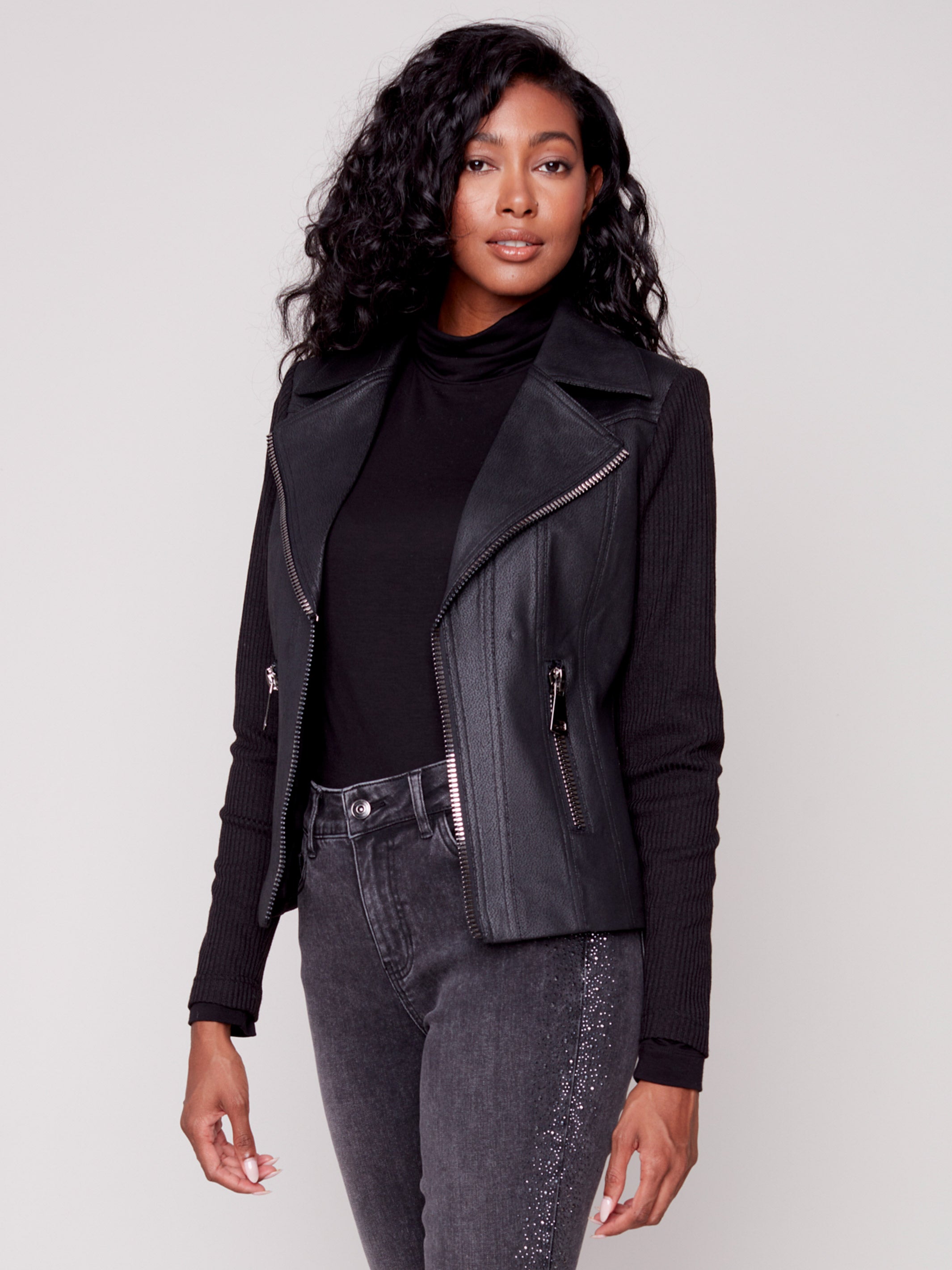 Vintage Faux Leather and Rib Knit Perfecto Jacket - Black
