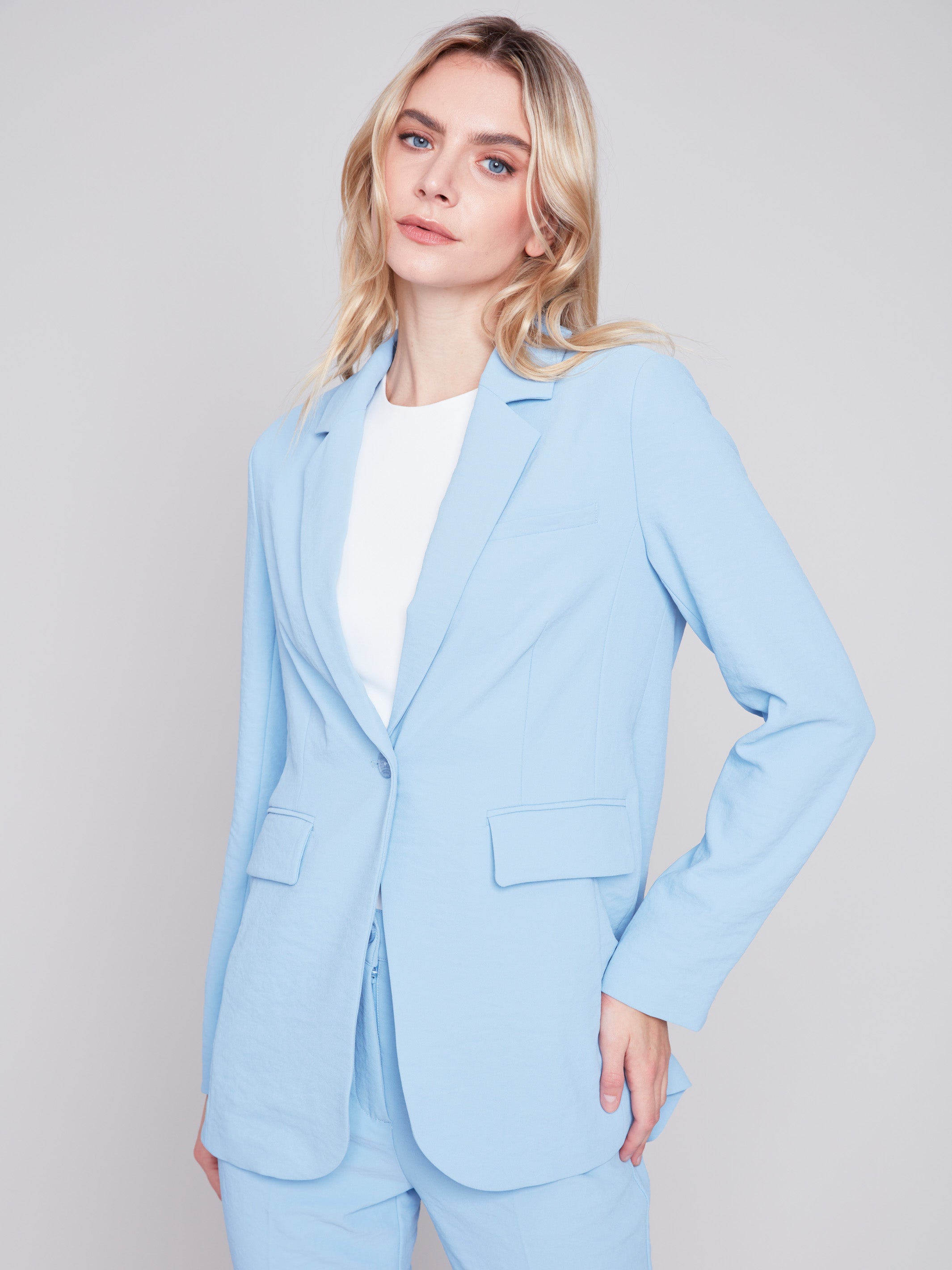 Blazer with Ruched Back - Sky - Charlie B Collection Canada - Image 1