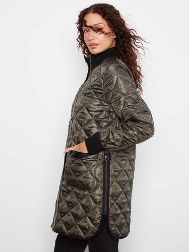 Mocha reversible quilted jacket highlighting elegant side zippers and cozy stand collar by Charlie B.
