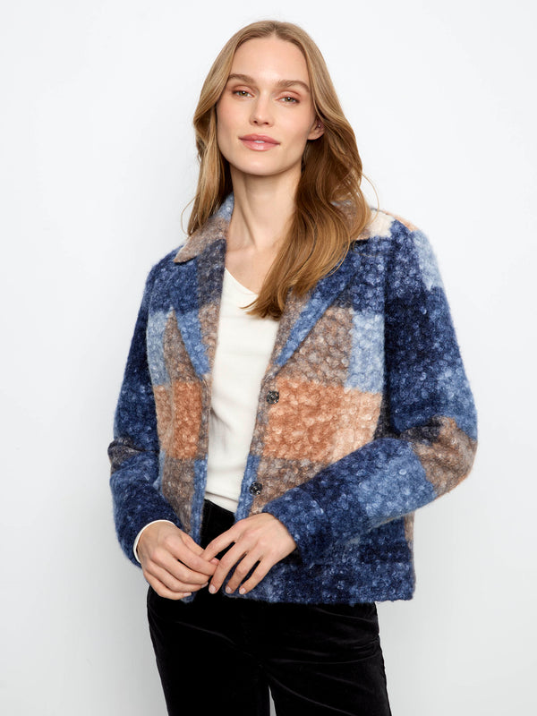 Manteau court en tricot bouclé à carreaux - Clair De Lune