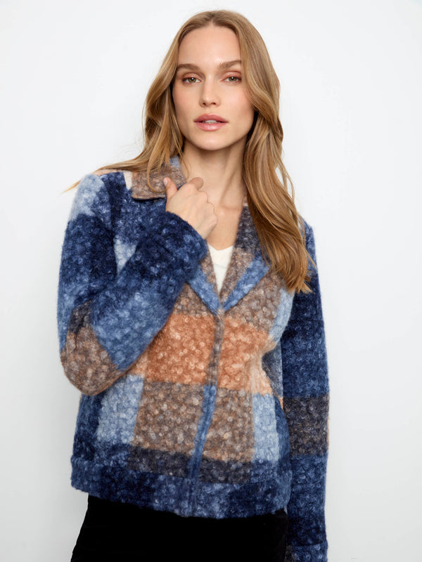 Manteau court en tricot bouclé à carreaux - Clair De Lune