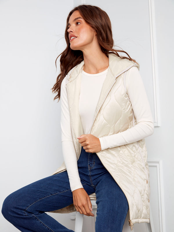Champagne long hooded vest with a pearlized finish and welt pockets by Charlie B.