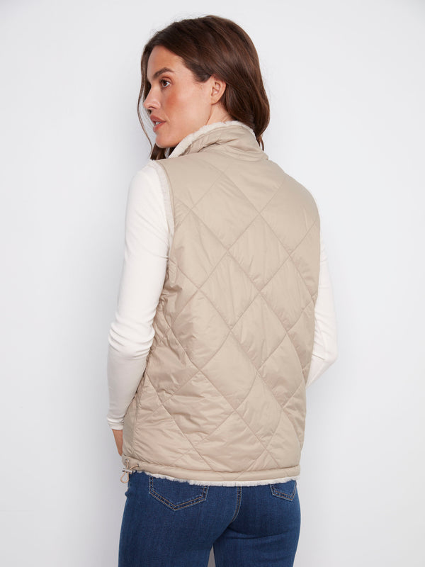 Reversible Quilted Faux Fur Vest - Greige