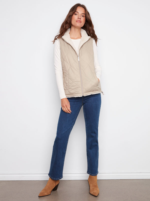 Reversible Quilted Faux Fur Vest - Greige