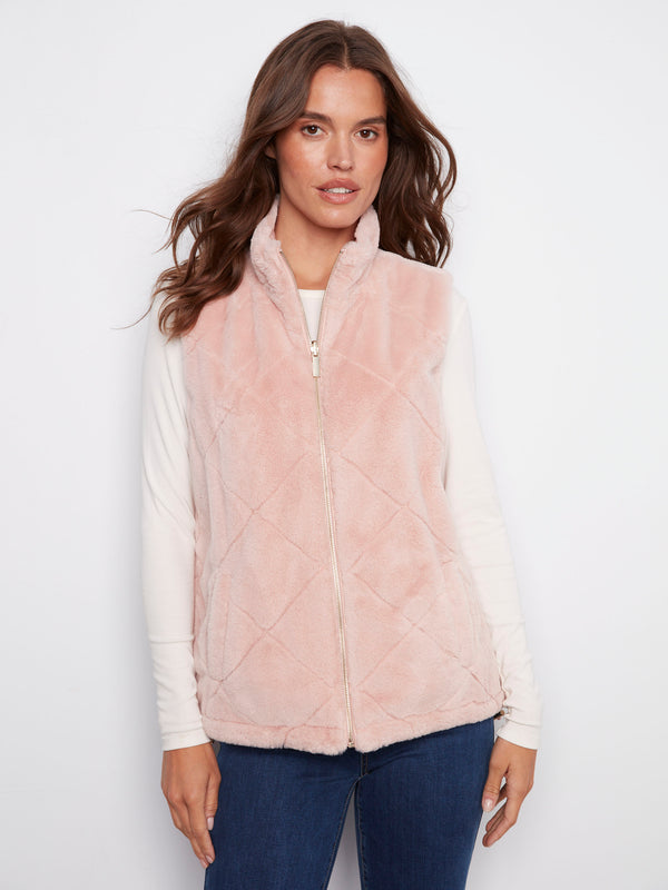 Ballet pink vest with zipper front closure and soft faux fur texture, perfect for layering by Charlie B.