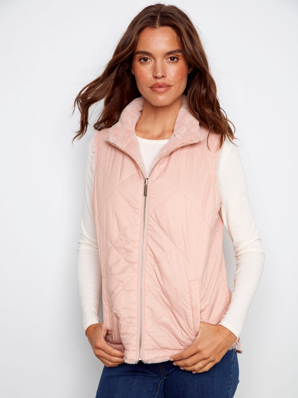 Reversible Quilted Faux Fur Vest - Ballet