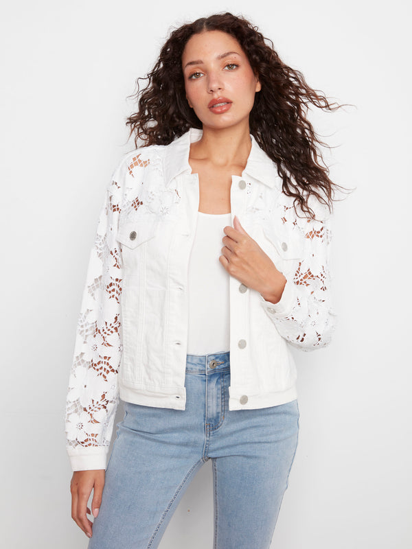White twill jacket featuring a classic shirt collar and floral embroidered sleeves, perfect for any occasion by Charlie B.