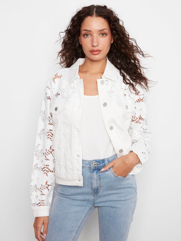 Stylish white twill jacket with intricate floral embroidery and comfortable stretch fabric for a perfect fit by Charlie B.