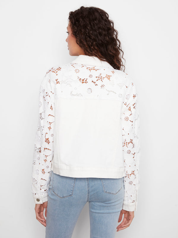 White twill jacket designed with stunning floral embroidered sleeves, adding a touch of elegance to any outfit by Charlie B.
