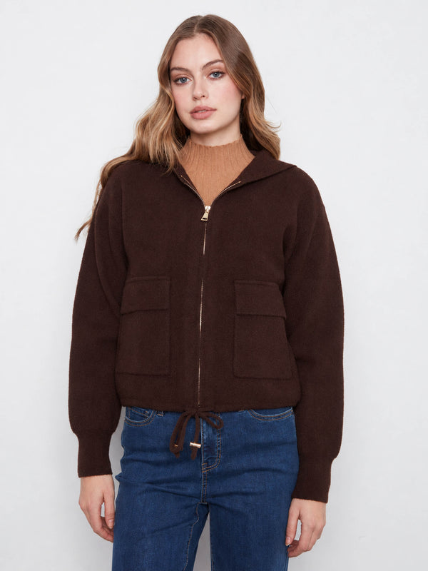 Zip-Front Knit Hooded Jacket - Coffee