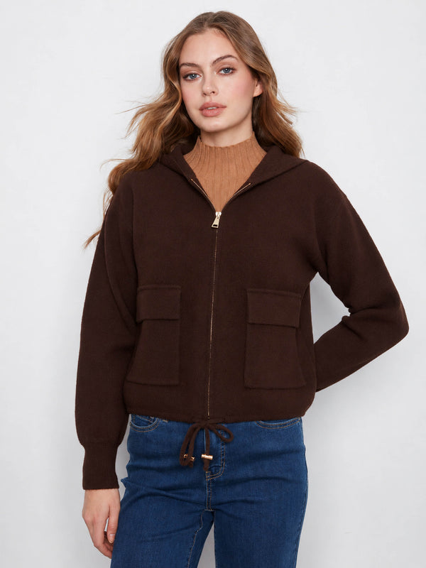 Zip-Front Knit Hooded Jacket - Coffee