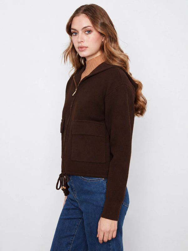 Zip-Front Knit Hooded Jacket - Coffee