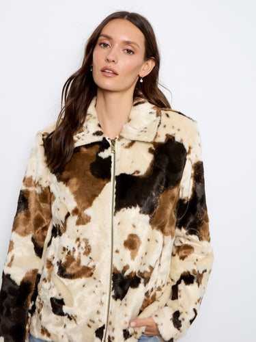Chic cow print faux fur jacket crafted from soft materials for ultimate coziness by Charlie B.