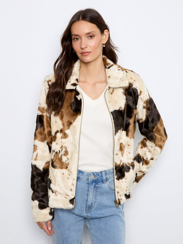 Stylish cow print jacket with a classic shirt collar, offering a chic twist on outerwear by Charlie B.