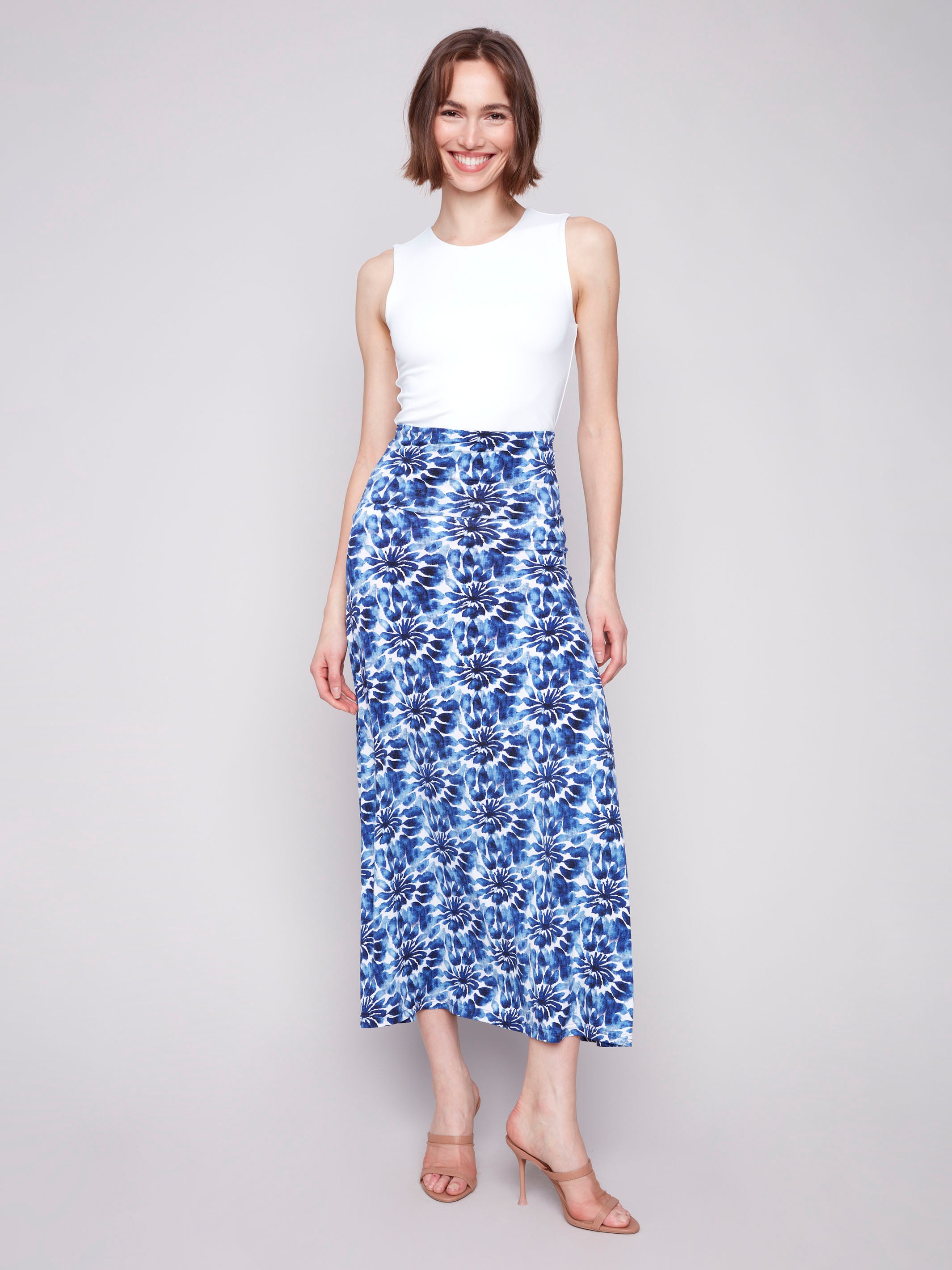 Blue floral skirt with midi length by Charlie B.