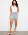 Light blue denim shorts with floral embroidery and a stretchy fit, featuring a classic five-pocket style by Charlie B.